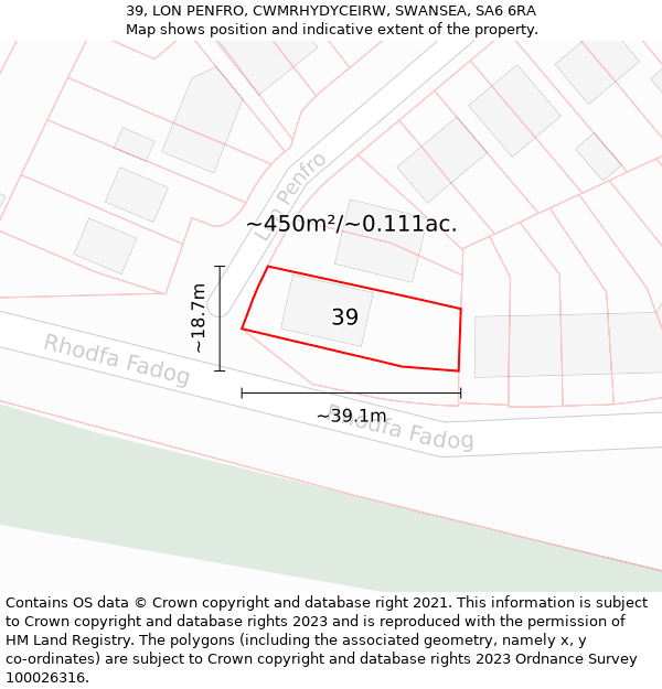 39, LON PENFRO, CWMRHYDYCEIRW, SWANSEA, SA6 6RA: Plot and title map