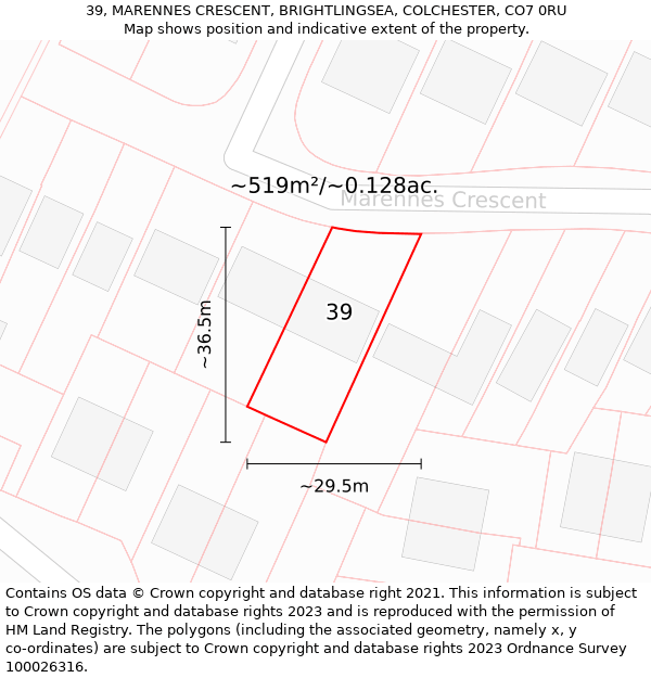 39, MARENNES CRESCENT, BRIGHTLINGSEA, COLCHESTER, CO7 0RU: Plot and title map