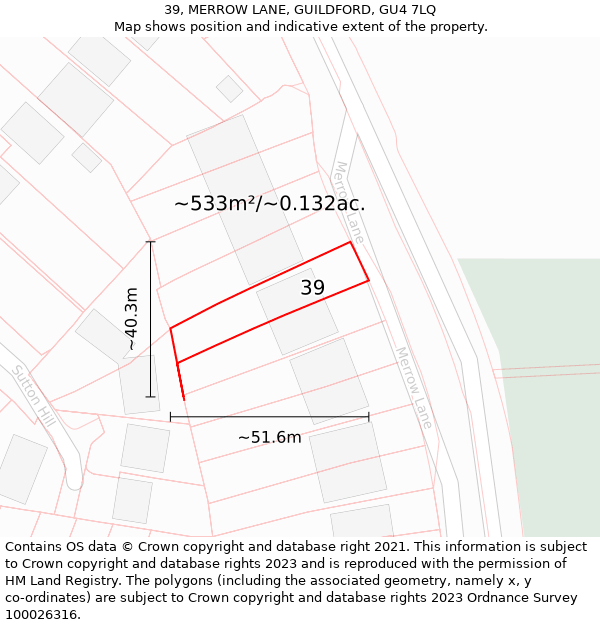 39, MERROW LANE, GUILDFORD, GU4 7LQ: Plot and title map