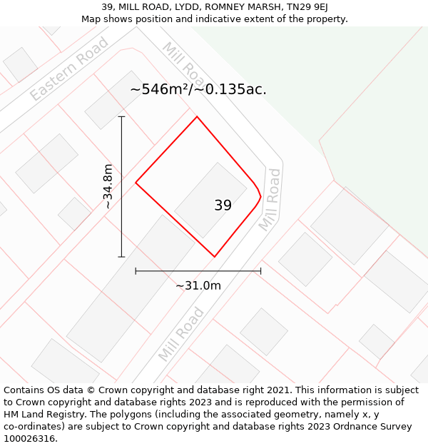 39, MILL ROAD, LYDD, ROMNEY MARSH, TN29 9EJ: Plot and title map