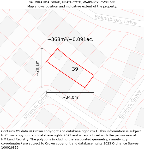 39, MIRANDA DRIVE, HEATHCOTE, WARWICK, CV34 6FE: Plot and title map