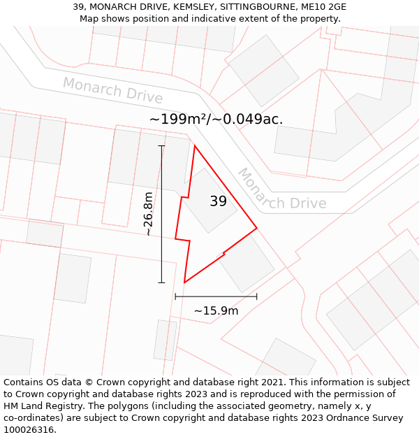 39, MONARCH DRIVE, KEMSLEY, SITTINGBOURNE, ME10 2GE: Plot and title map