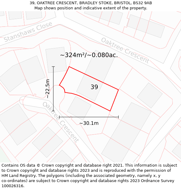 39, OAKTREE CRESCENT, BRADLEY STOKE, BRISTOL, BS32 9AB: Plot and title map