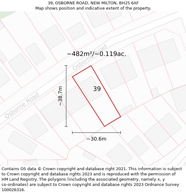 39, OSBORNE ROAD, NEW MILTON, BH25 6AF: Plot and title map