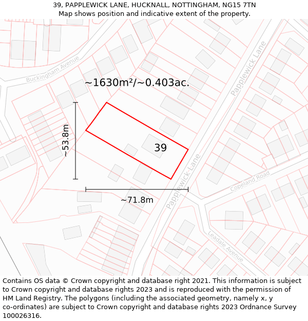 39, PAPPLEWICK LANE, HUCKNALL, NOTTINGHAM, NG15 7TN: Plot and title map