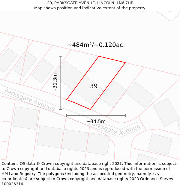 39, PARKSGATE AVENUE, LINCOLN, LN6 7HP: Plot and title map
