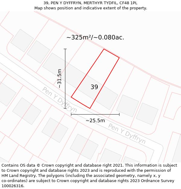 39, PEN Y DYFFRYN, MERTHYR TYDFIL, CF48 1PL: Plot and title map