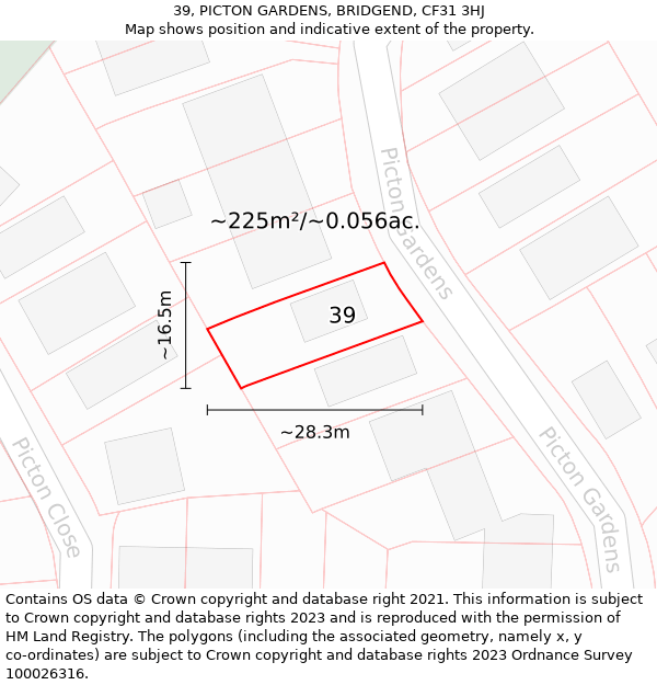 39, PICTON GARDENS, BRIDGEND, CF31 3HJ: Plot and title map