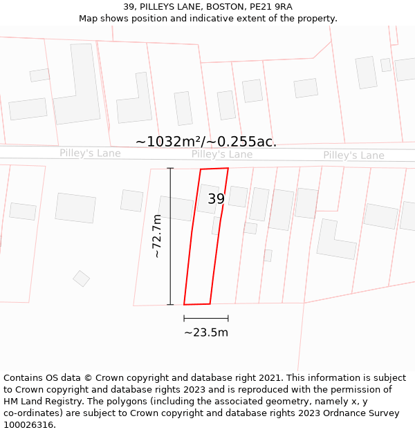 39, PILLEYS LANE, BOSTON, PE21 9RA: Plot and title map