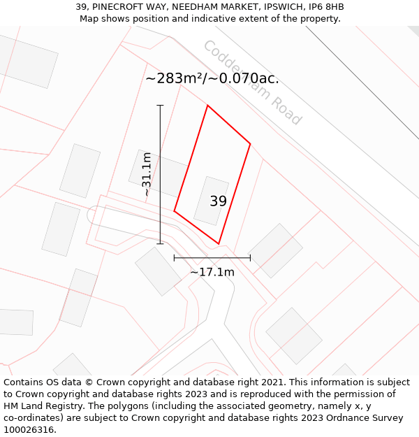 39, PINECROFT WAY, NEEDHAM MARKET, IPSWICH, IP6 8HB: Plot and title map