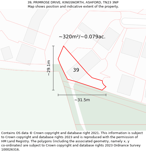 39, PRIMROSE DRIVE, KINGSNORTH, ASHFORD, TN23 3NP: Plot and title map