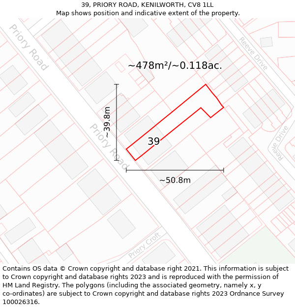 39, PRIORY ROAD, KENILWORTH, CV8 1LL: Plot and title map