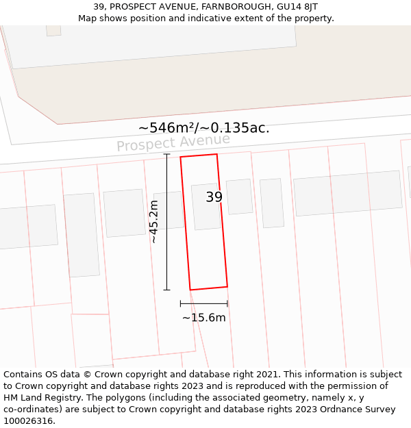 39, PROSPECT AVENUE, FARNBOROUGH, GU14 8JT: Plot and title map