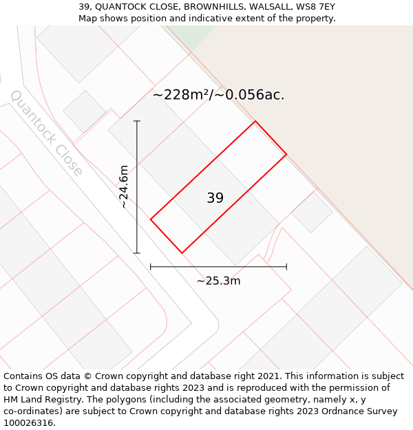 39, QUANTOCK CLOSE, BROWNHILLS, WALSALL, WS8 7EY: Plot and title map