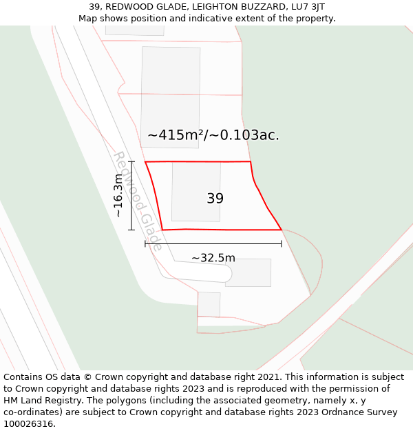 39, REDWOOD GLADE, LEIGHTON BUZZARD, LU7 3JT: Plot and title map