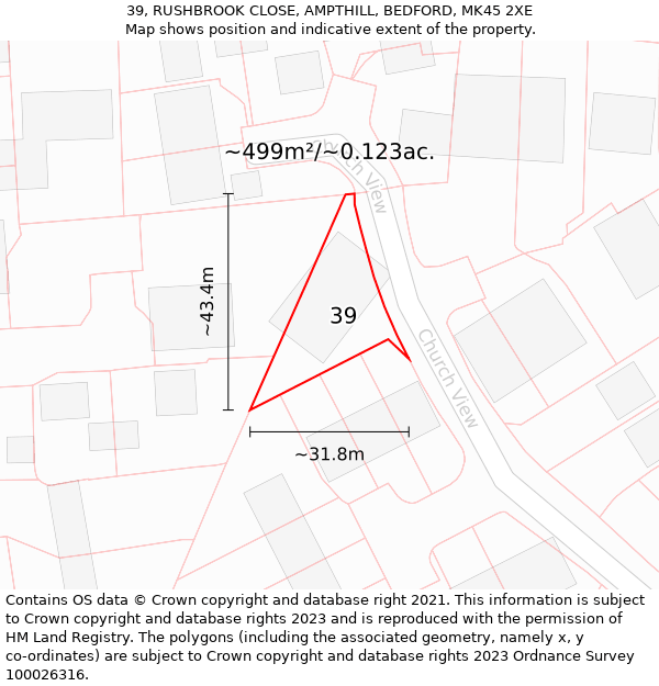 39, RUSHBROOK CLOSE, AMPTHILL, BEDFORD, MK45 2XE: Plot and title map