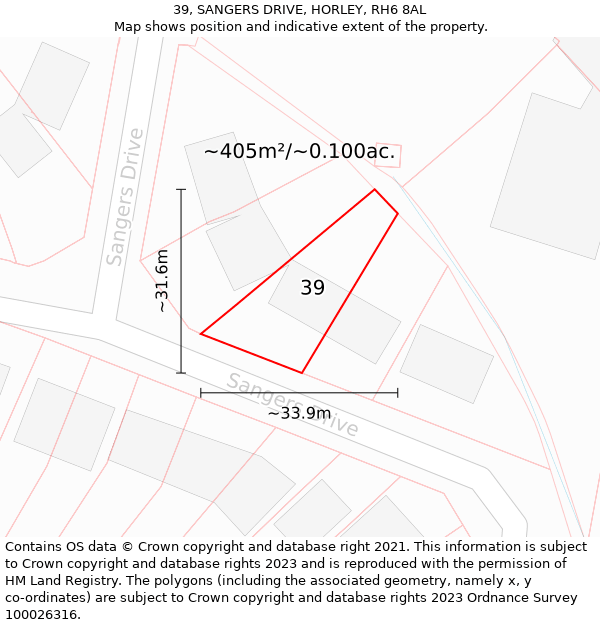 39, SANGERS DRIVE, HORLEY, RH6 8AL: Plot and title map