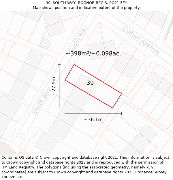 39, SOUTH WAY, BOGNOR REGIS, PO21 5EY: Plot and title map