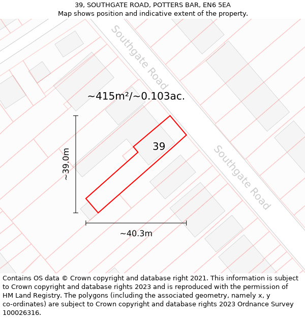 39, SOUTHGATE ROAD, POTTERS BAR, EN6 5EA: Plot and title map