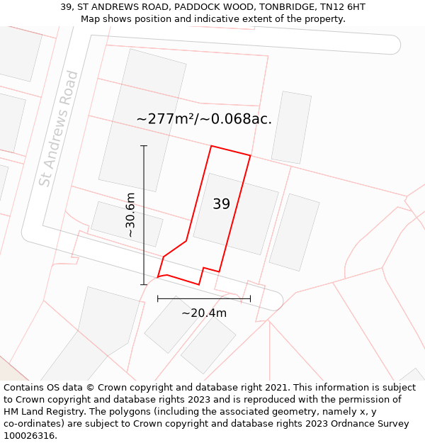 39, ST ANDREWS ROAD, PADDOCK WOOD, TONBRIDGE, TN12 6HT: Plot and title map