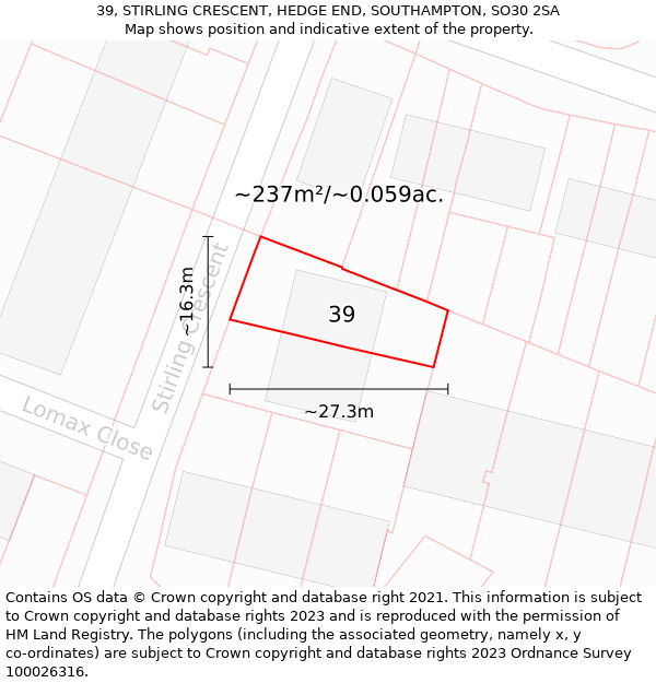 39, STIRLING CRESCENT, HEDGE END, SOUTHAMPTON, SO30 2SA: Plot and title map