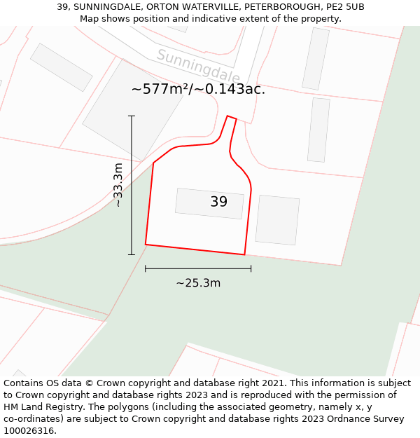 39, SUNNINGDALE, ORTON WATERVILLE, PETERBOROUGH, PE2 5UB: Plot and title map