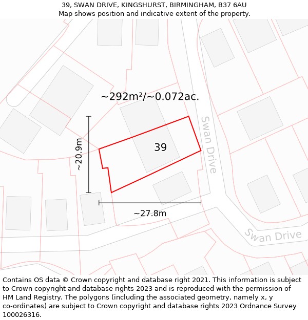 39, SWAN DRIVE, KINGSHURST, BIRMINGHAM, B37 6AU: Plot and title map