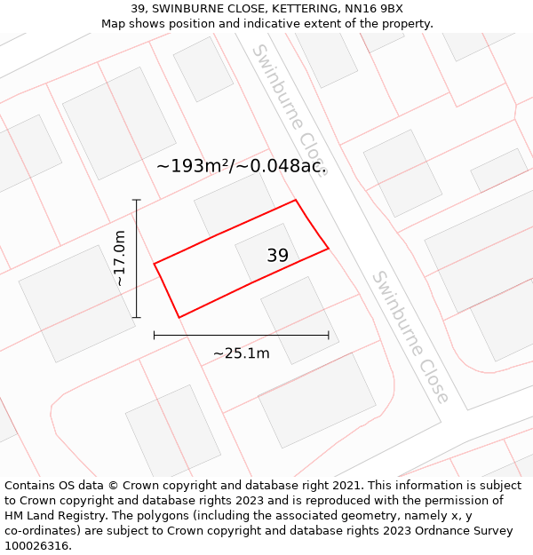 39, SWINBURNE CLOSE, KETTERING, NN16 9BX: Plot and title map