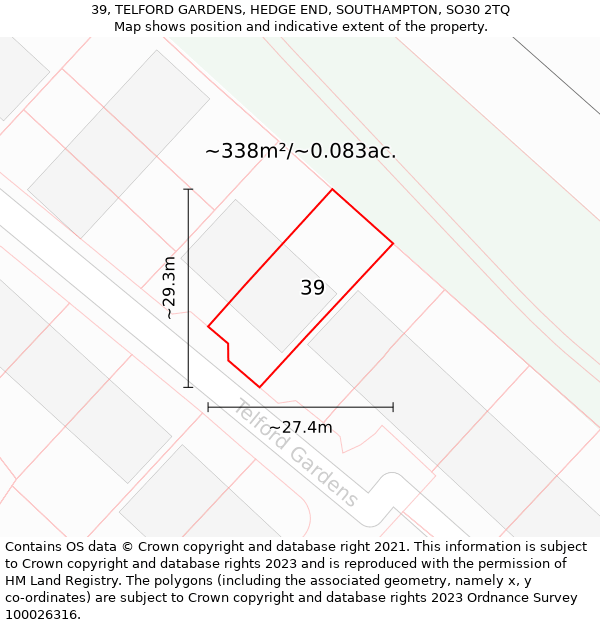 39, TELFORD GARDENS, HEDGE END, SOUTHAMPTON, SO30 2TQ: Plot and title map