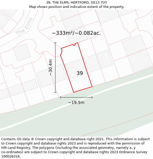 39, THE ELMS, HERTFORD, SG13 7UY: Plot and title map