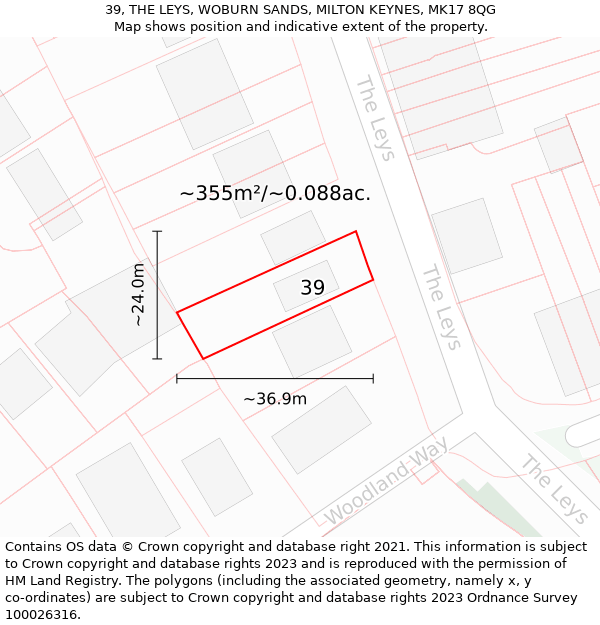 39, THE LEYS, WOBURN SANDS, MILTON KEYNES, MK17 8QG: Plot and title map