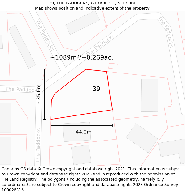 39, THE PADDOCKS, WEYBRIDGE, KT13 9RL: Plot and title map