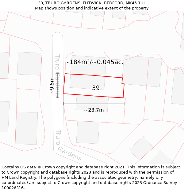 39, TRURO GARDENS, FLITWICK, BEDFORD, MK45 1UH: Plot and title map