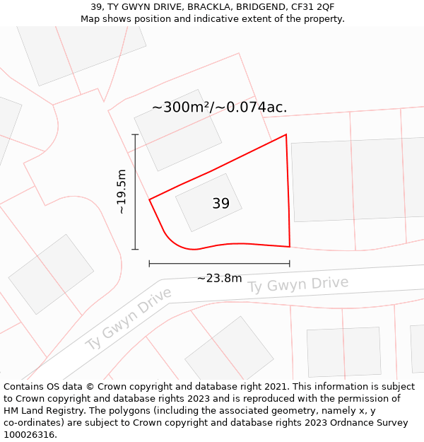 39, TY GWYN DRIVE, BRACKLA, BRIDGEND, CF31 2QF: Plot and title map