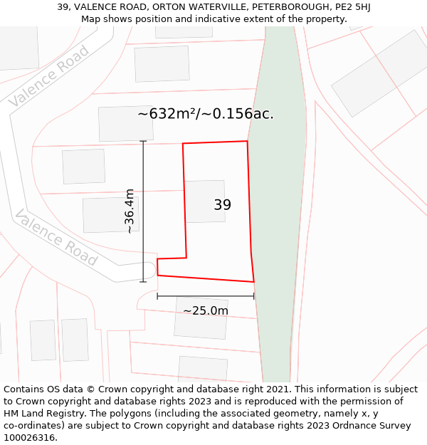 39, VALENCE ROAD, ORTON WATERVILLE, PETERBOROUGH, PE2 5HJ: Plot and title map