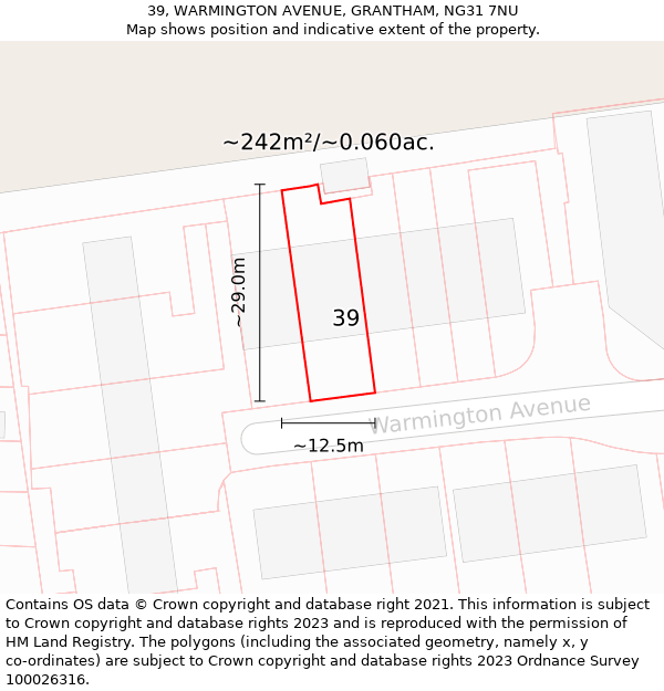 39, WARMINGTON AVENUE, GRANTHAM, NG31 7NU: Plot and title map