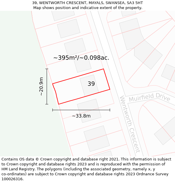 39, WENTWORTH CRESCENT, MAYALS, SWANSEA, SA3 5HT: Plot and title map