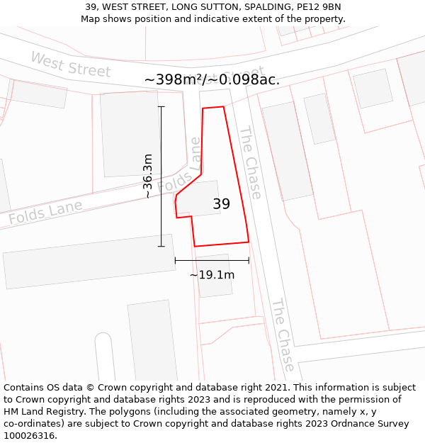 39, WEST STREET, LONG SUTTON, SPALDING, PE12 9BN: Plot and title map