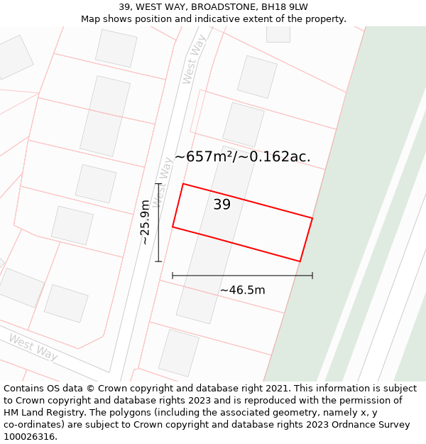 39, WEST WAY, BROADSTONE, BH18 9LW: Plot and title map