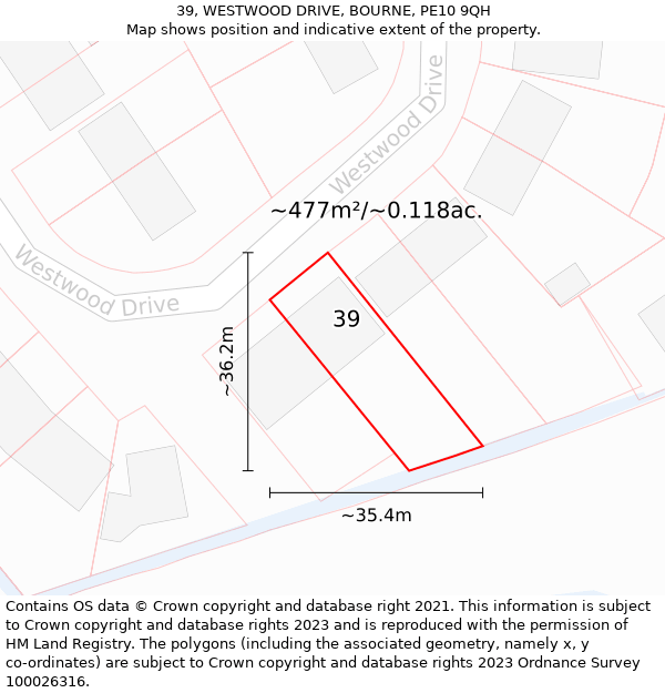 39, WESTWOOD DRIVE, BOURNE, PE10 9QH: Plot and title map