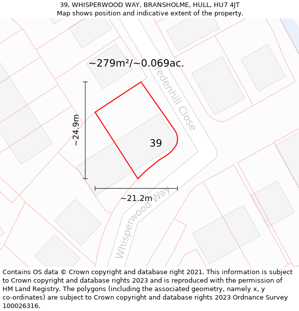 39, WHISPERWOOD WAY, BRANSHOLME, HULL, HU7 4JT: Plot and title map