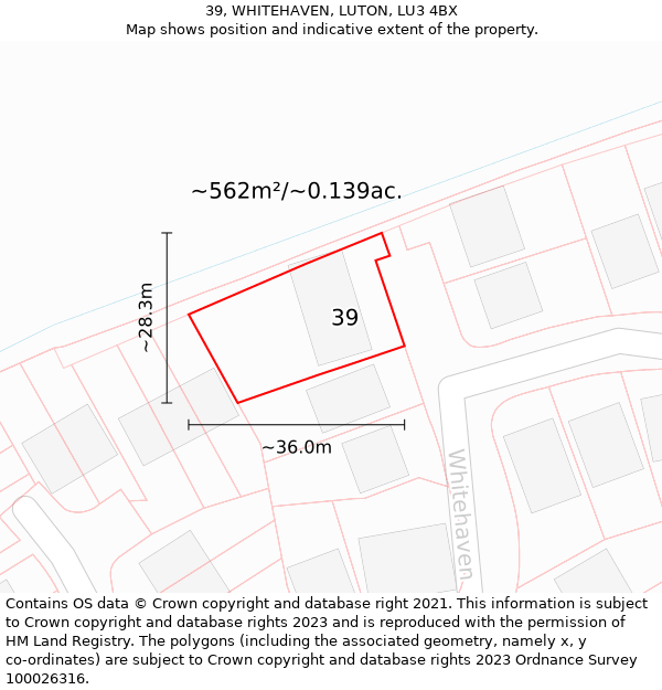 39, WHITEHAVEN, LUTON, LU3 4BX: Plot and title map