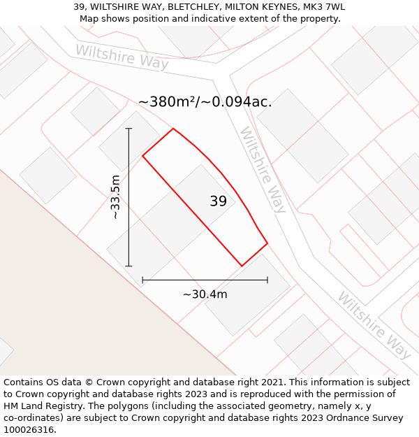 39, WILTSHIRE WAY, BLETCHLEY, MILTON KEYNES, MK3 7WL: Plot and title map