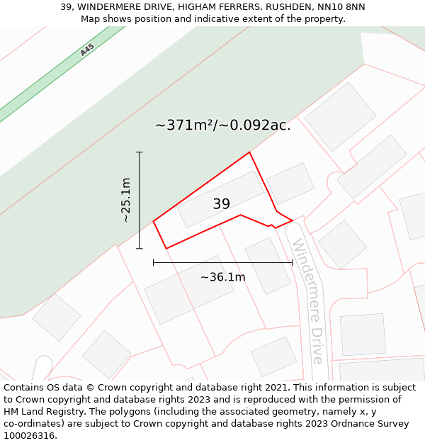 39, WINDERMERE DRIVE, HIGHAM FERRERS, RUSHDEN, NN10 8NN: Plot and title map