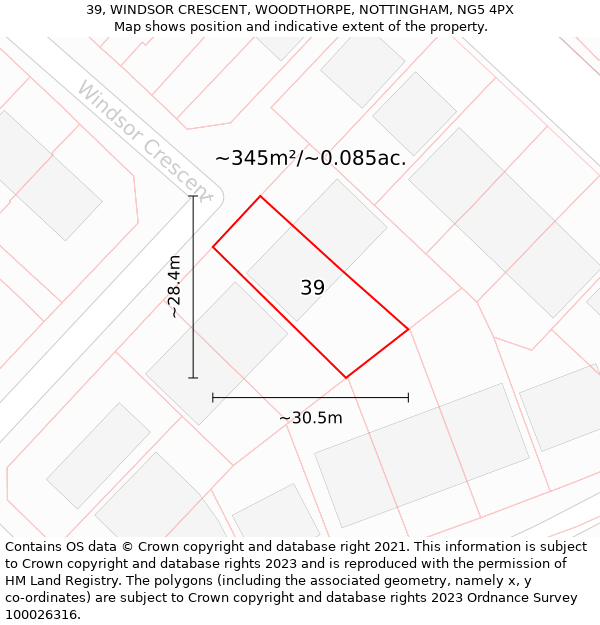 39, WINDSOR CRESCENT, WOODTHORPE, NOTTINGHAM, NG5 4PX: Plot and title map