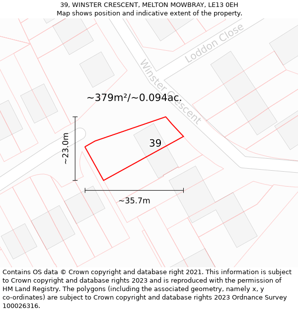 39, WINSTER CRESCENT, MELTON MOWBRAY, LE13 0EH: Plot and title map