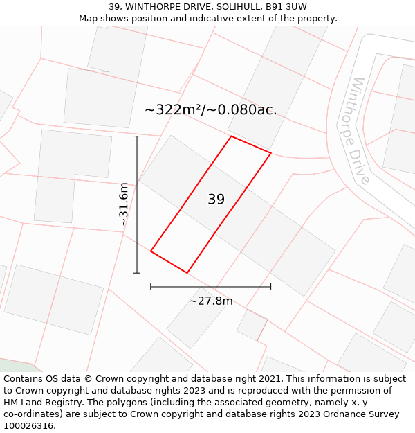 39, WINTHORPE DRIVE, SOLIHULL, B91 3UW: Plot and title map