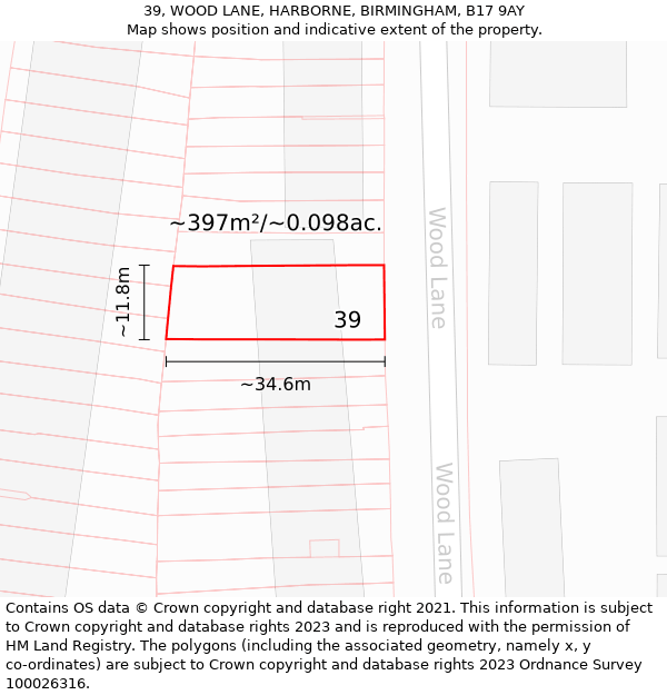 39, WOOD LANE, HARBORNE, BIRMINGHAM, B17 9AY: Plot and title map