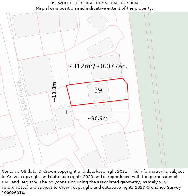 39, WOODCOCK RISE, BRANDON, IP27 0BN: Plot and title map