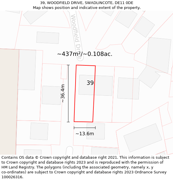 39, WOODFIELD DRIVE, SWADLINCOTE, DE11 0DE: Plot and title map